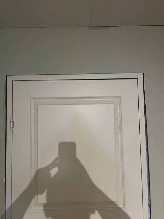 En vit dörr med en skugga av en hand och mobil, hängande ojämnt i karmen mot överstycket, med synliga gångjärn på vänster sida.