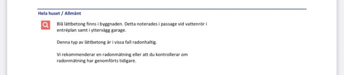 Utdrag ur besiktningsprotokoll med information om blå lättbetong och rekommendation om radonmätning i ett 60-talshus.