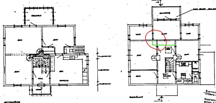 Ritning av ett hus med ett markerat hörn i rött och grönt som eventuellt kan tas bort för att förstora ett sovrum.