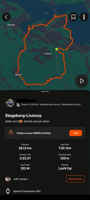 Karta över en träningsrunda från Stegeborg till Lisstorp, 18,12 km lång, visar en rödmarkerad rutt samt tid, genomsnittlig fart, och kaloriförbrukning.