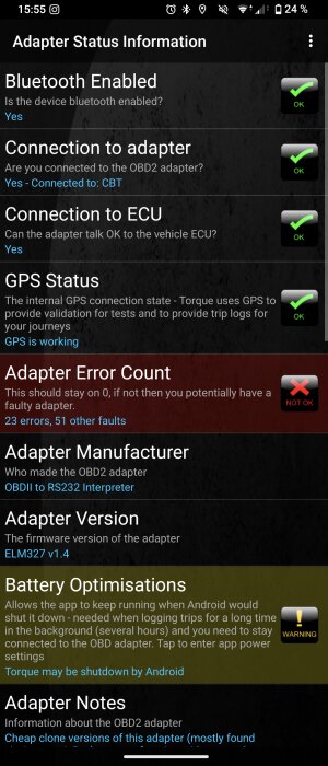Skärmbild av Torque-appens adapterstatus, som visar Bluetooth-anslutning, ECU-anslutning, GPS-status och adapterfelräkningar med olika OK-varningar.