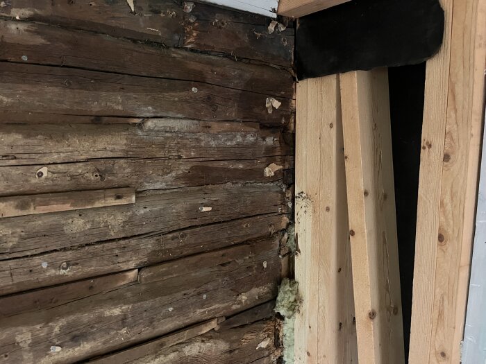 Gammal timmervägg med plankor lagda horisontellt, delvis ersatt med ny regelstomme; tecken på fuktskador och en del isoleringsmaterial synligt.