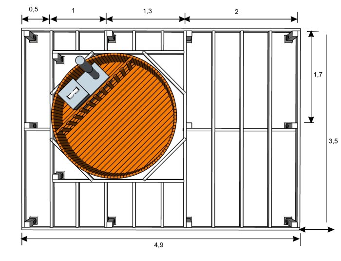 Ritning av ett upphöjt trädäck runt en rund badtunna med betongplintar och måttangivelser i meter.