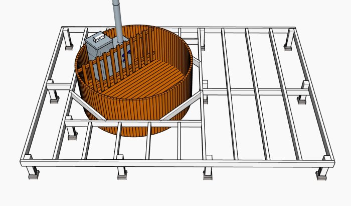 Ritning som visar en badtunna omgiven av en ram av träbjälkar, avsedd för ett upphöjt trädäck.