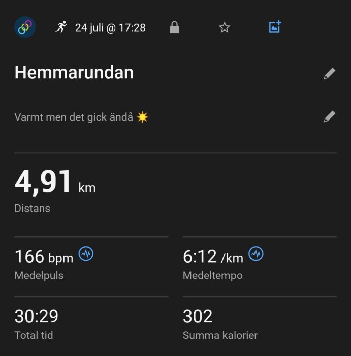 Träningsapp-resultat: Löpning 4,91 km i 30:29 med 166 bpm medelpuls och 302 kalorier förbrända, medeltempo 6:12/km.