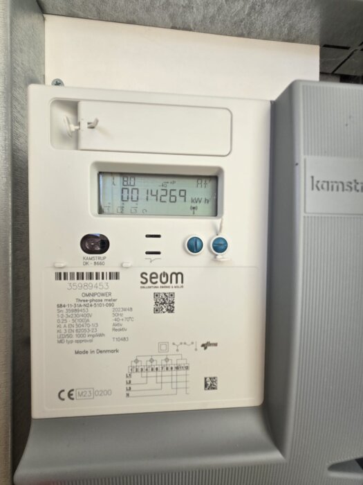 Elektrisk mätare av märket Kamstrup visar 14269 kWh förbrukning på displayen.