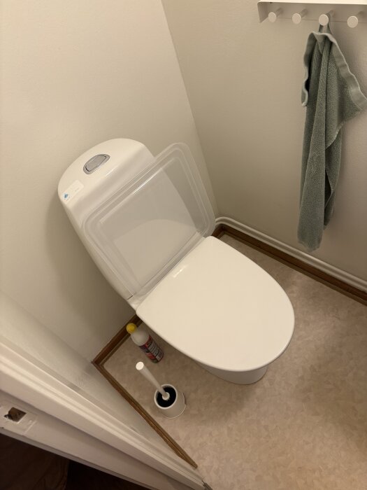 Toalett med stängd lock, rengöringsmedel och toalettborste bredvid. Handduk hänger på väggen. Litet utrymme i vitt och beige.