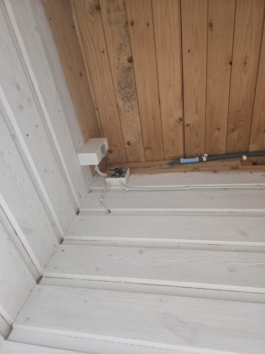 En trätak med en fördelardosa och kablar monterade, visar ledningar som går upp i taket och in i en vägg i ett byggprojekt.