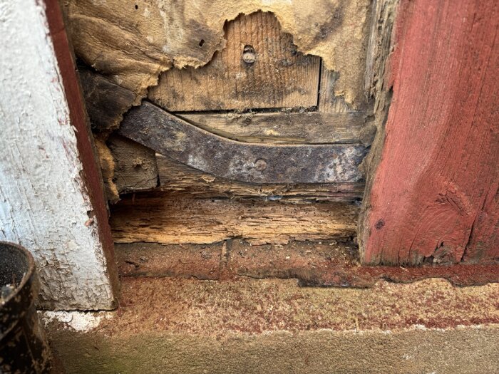Skadad väggpanel och rutten träbalk vid husets sockel, med tecken på fuktskador och slitage; röd bräda, vit vägg och rostigt beslag synliga.