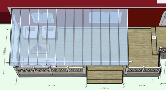 3D-ritning av en överbyggd pergola med loungeset, glastak och detaljerade mått, sett ovanifrån, med fokus på takets storlek och altanens layout.