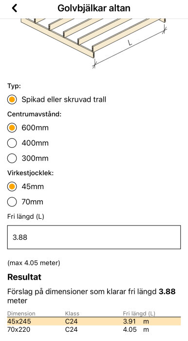 Diagram över golvbalkar för altan med specifikationer som centrumavstånd 600mm och virkesjocklek 45mm. Tabellen visar dimensioner och fria längder.