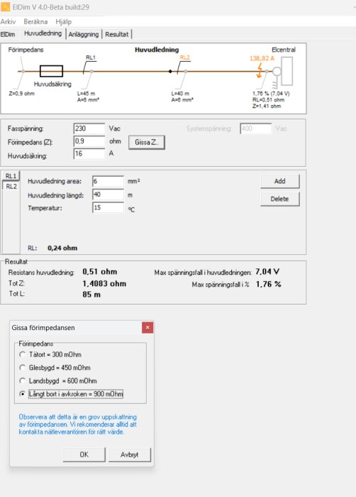 Skärmdump från Eldim-programmet som visar beräkning av förimpedans och spänningsfall i en elinstallation med inställningar och diagram.