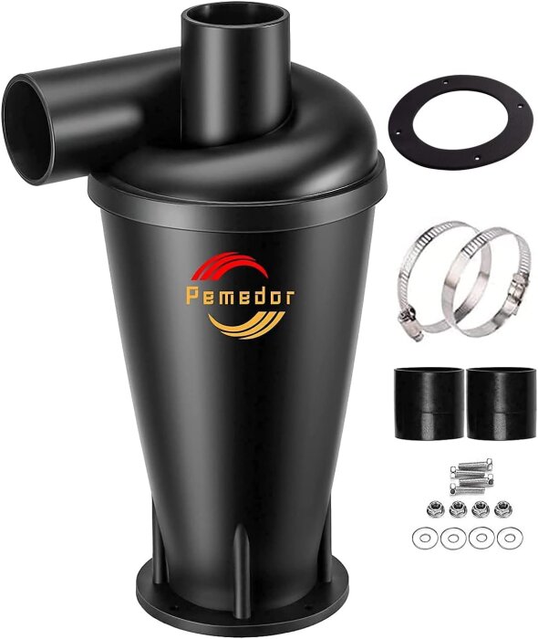 Cyklonfilter för dammsugare med flänsbas, omgiven av tillbehör som metallklämmor och skruvar, mot vit bakgrund.