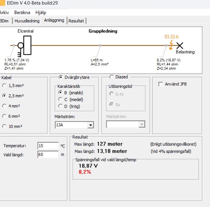 Diagram över elinstallation i Eldim-programmet, visar kabellängd, spänningsfall och inställningar för dvärgbrytare vid 13A märkström.