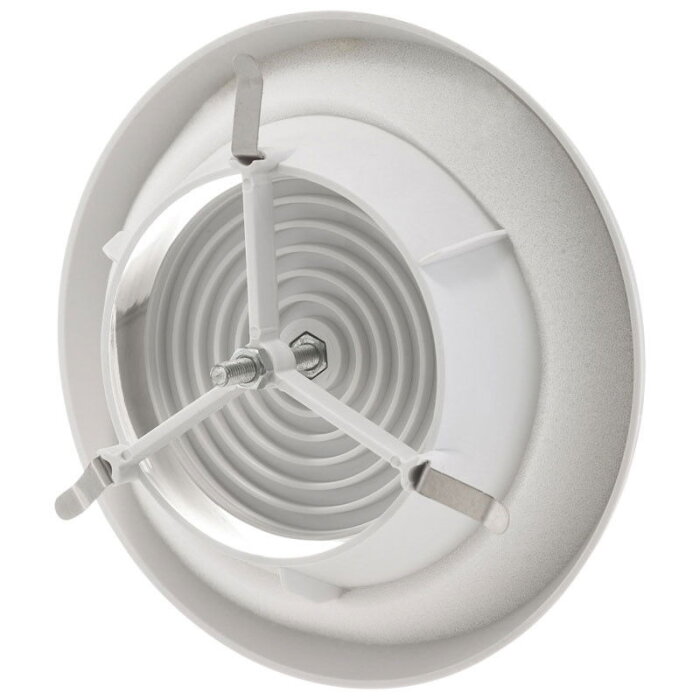 Ventilationsgaller i metall med tre justerbara flikar och cirkulära ribbor.