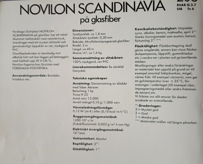 Produktblad för Novilon Scandinavia golvmatta, mars 1976. Beskrivning av tekniska egenskaper såsom tjocklek, material, beständighet och användningsområden.