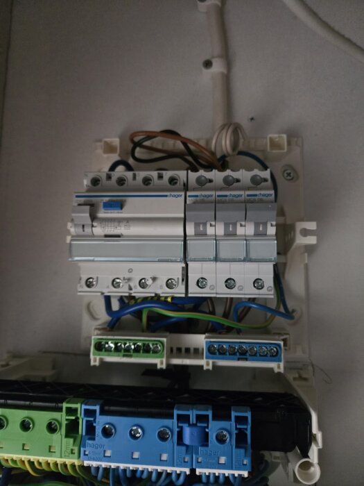Elektrisk kopplingsbox med flera ledningar och säkringar, varav vissa är märkta med "Hager".