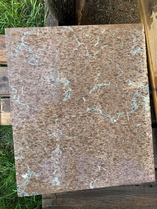 Blöt stenplatta med synlig ådring och färgnyanser, på en träyta med gräs i bakgrunden.