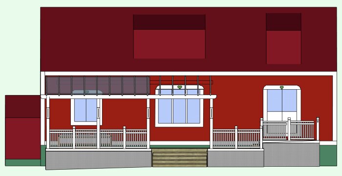 Skiss av husfasad med en bred altantrappa centralt placerad, inramad av två stora fönster och räcke, med ett tak ovanpå.