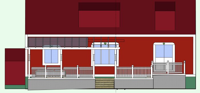 Illustration av ett hus med en veranda, två stora fönster och en överglasskyddad balkong. Central trappa leder nedåt i bilden.