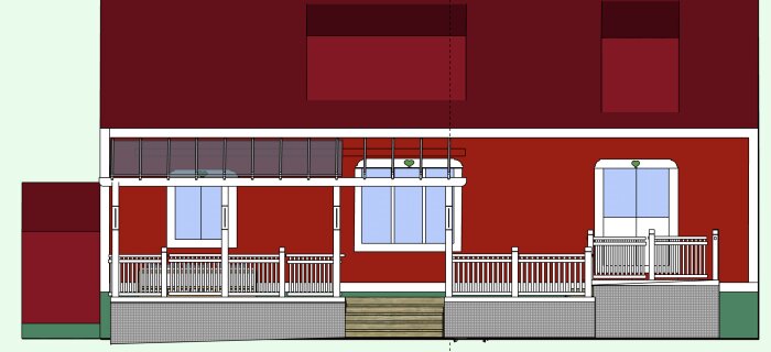 Illustration av ett rött hus med en veranda, trappräcke och centralt placerat fönster. Diskussion om breddjustering av trappa för symmetri.
