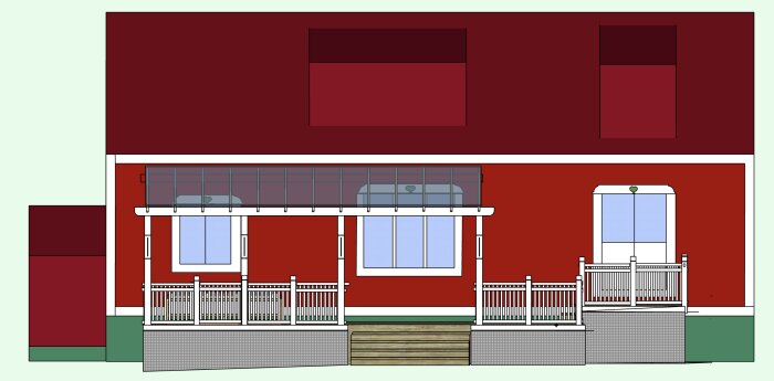 Illustration av ett rött hus med balkong och trappa i trä, visar alternativ för centrering av trappa mot fönster.