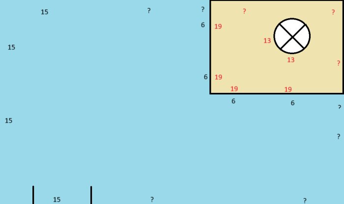 Rumsplan för badrumsrenovering med höjdmått. Gul zon visar duschområde med 19 mm flytspackel, blå zon varierande höjder och markerade frågetecken.