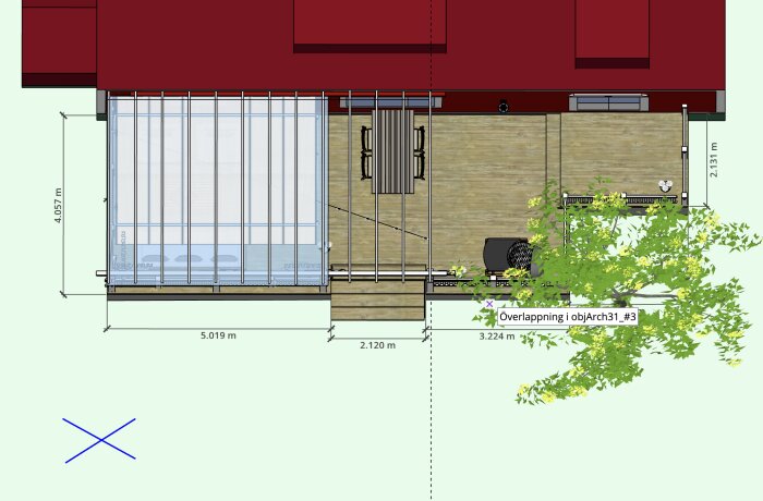 Ritning av en altan med en central trappa, äppelträd till höger, grillplats i hörnet och ett indraget plasttak. Krysset markerar mittpunkten i trädgården.