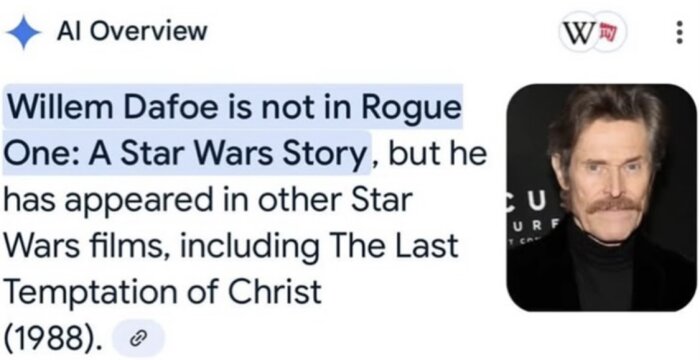 Text som felaktigt kopplar ihop Willem Dafoe med Star Wars-filmer, med bild av man bredvid.
