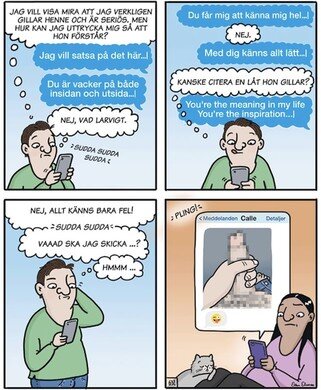 En tecknad serie om en person som vill imponera på någon via SMS, men tvekar över vad som ska skrivas och skickas som meddelande.