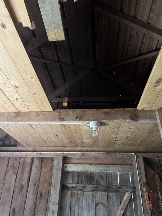 Insidan av gammal vedbod med synlig träbjälkar i taket, träväggar och en enkel glödlampa. Virke uppbevarat på “vinden”.