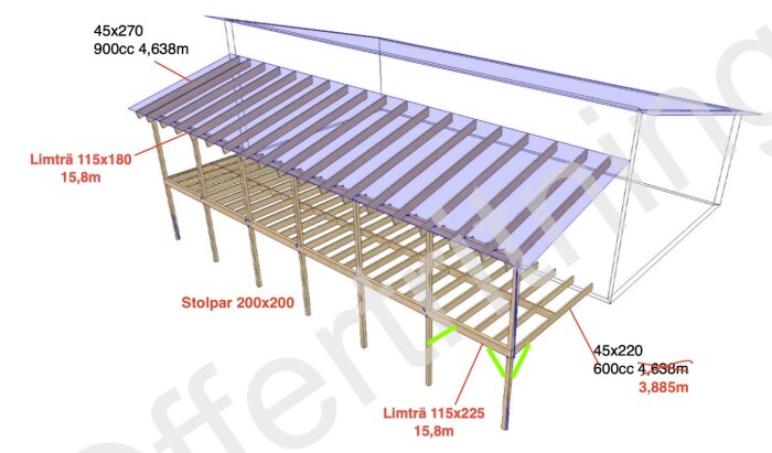 Byggnadsritning av altan med olika träsorters dimensioner markerade, inklusive limträ och stolpar, samt ett tak av genomskinligt material.