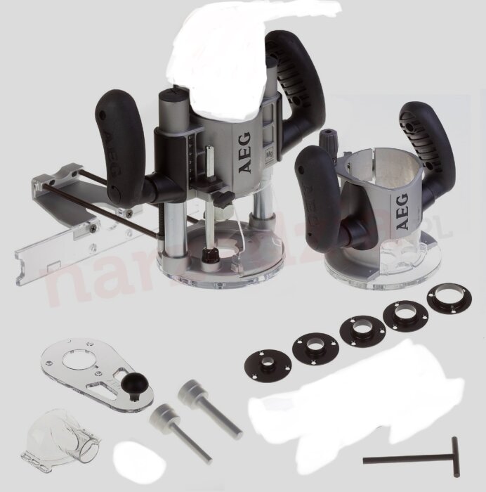AEG MF 1400 KE fräsmotorer med dubbelbas-system, komplett med tillbehör som passar PalmRouter, inklusive monteringsdetaljer och justeringsverktyg.