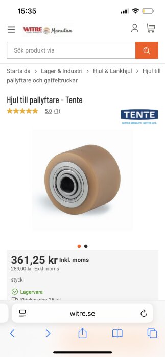 Hjul för pallyftare från Tente, avbildat på en webbplats med pris och recension. Perfekt för byggprojekt för kanotförvaring.