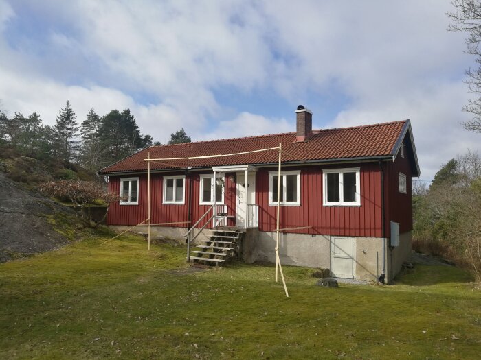 Rött hus med vita fönster och bruna takpannor, brädor uppsatta för storleksbedömning, gräsmatta och berg i bakgrunden.