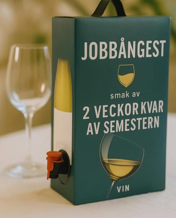 Bag-in-box med texten "Jobbångest, smak av 2 veckor kvar av semestern", står på ett bord bredvid ett tomt vinglas.
