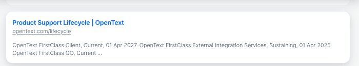 Produktstödslivscykel för OpenText, inkl. datum för FirstClass Client och External Integration Services.
