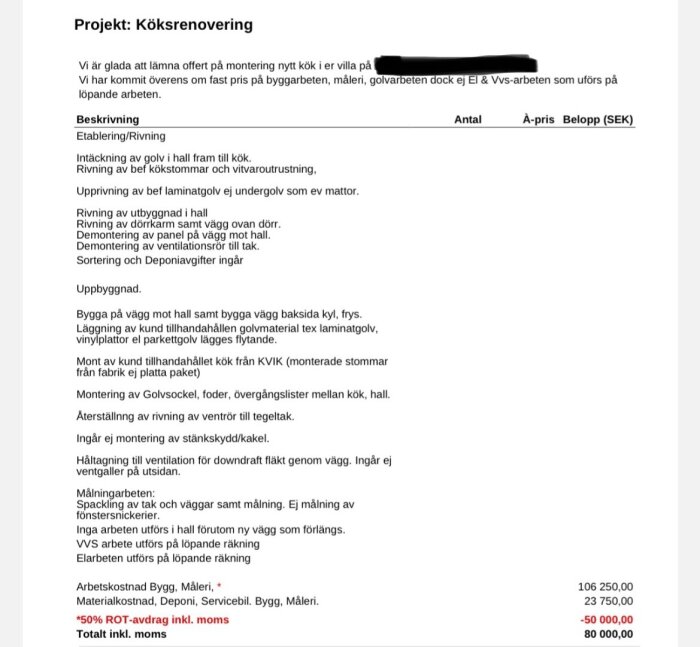 Offert för köksrenovering med beskrivning av arbetsmoment, inklusive rivning, uppbyggnad, el- och VVS-arbeten, med kostnader och ROT-avdrag.
