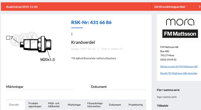 Kranöverdel RSK: 4316686 för självdränerande vattenutkastare, avaktiverad 2015-11-03 enligt FM Mattsson, med skiss av anslutning M20x1,5.