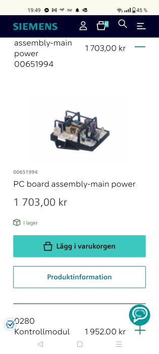 Bild av Siemens kretskort för PC board assembly-main power, pris 1703 kronor, med köpknapp och lagerstatus.