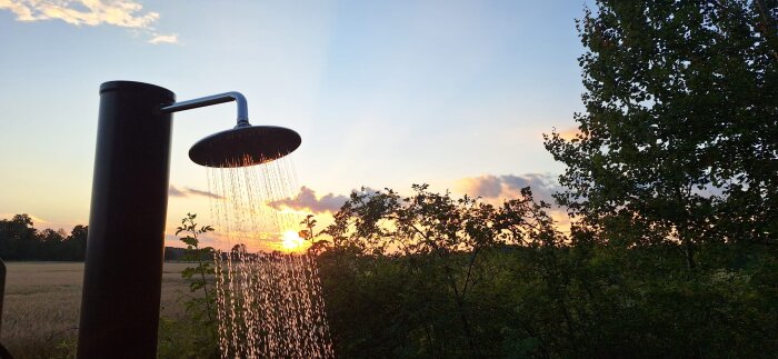 Utomhusdusch vid solnedgång med vattenflöde, omgiven av träd och buskar.