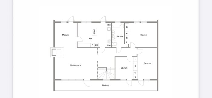Planritning av en suterrängvilla från 1970 med matsal, kök, vardagsrum, tre sovrum och badrum.