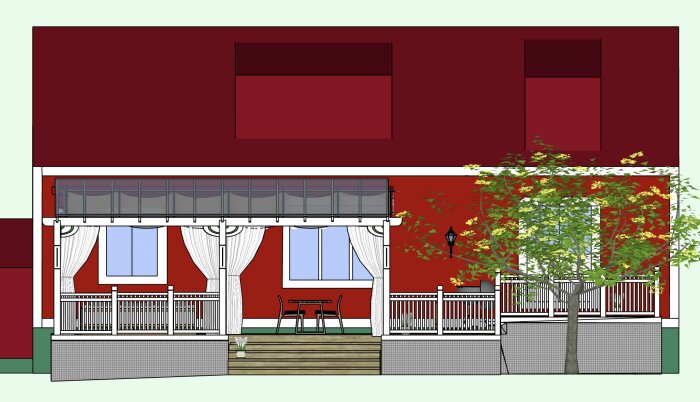 Förslag på utbyggnad av veranda med draperier och räcke på ett rött hus med två fönster och en trappa med breda steg.