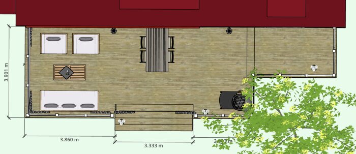 Ritning av altan med två soffor, bord, matplats, trappor och växtlighet, med angivna mått på längd och bredd.