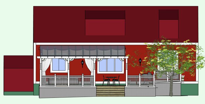 Illustration av rödmålat hus med veranda, räcke, steg och glasöverdrag. Träd till höger och en stol med bord på verandan.