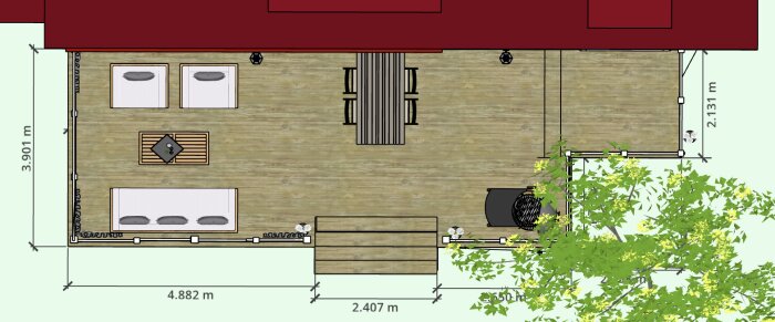 Planskiss av altan med möblering, inklusive två soffor, ett bord med stolar och en grillplats, omgiven av växter och trappsteg mot trädgården.