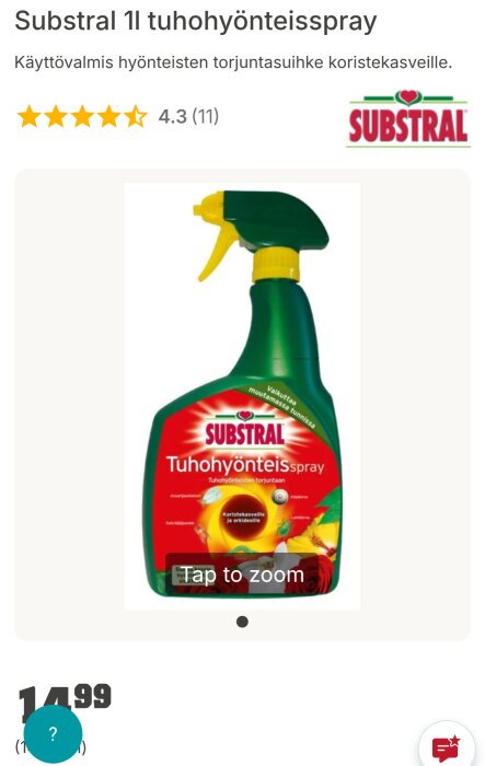 Grön sprayflaska med Substral Tuhohyönteis hyönteistorjuntasuihke för prydnadsväxter. 4.3 stjärnor, pris 14,99.
