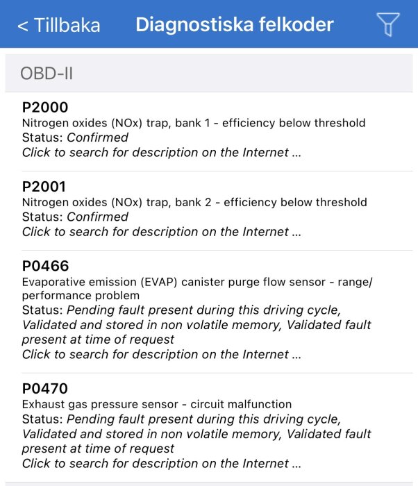 Skärmdump av diagnostiska felkoder för bil: P2000, P2001, P0466, P0470, inklusive detaljer om kväveoxider och avgastryckgivarsystemfel.
