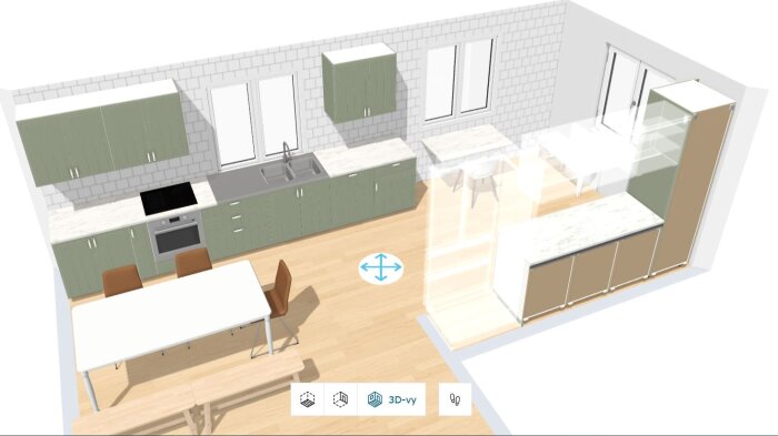 3D-köksdesign med grön skåpinredning, bänk med inbyggsugn och häll, fransk kyl/frys till höger, vit matplats framför.