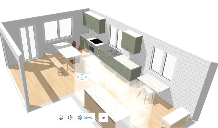 3D-modell av ett kök med spishäll, inbyggnadsugn, diskbänk, och franska dörrar samt köksö och matplats med bord och stolar.